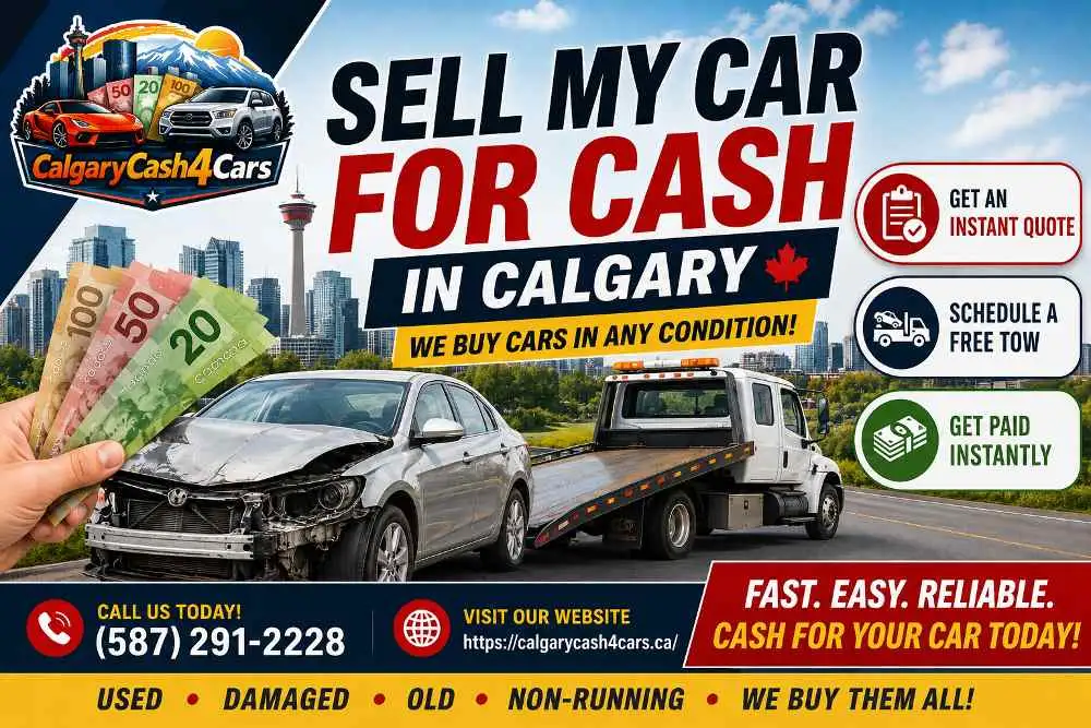 Sell my car for cash in Calgary: a damaged car and a tow truck for free pickup
